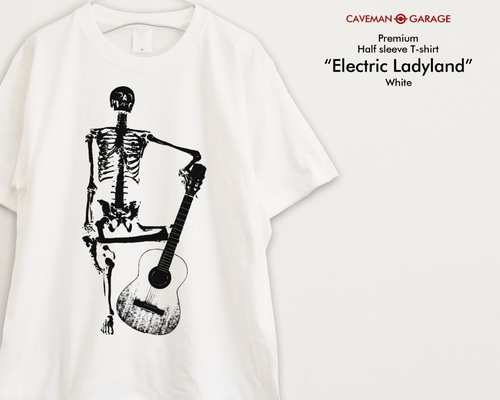 骸骨とギターの音楽Tシャツ プレミアム仕様【ホワイト】やや厚め生地 