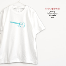 ウクレレ (しかも左利き仕様）のTシャツ  プレミアム仕様【ホワイト】やや厚め生地のハイグレード半袖クルーネック 1枚目の画像