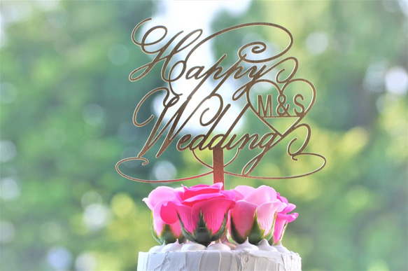 カスタム ”HappyWedding” ハート　 ケーキトッパー「結婚おめでとう!!」 2枚目の画像