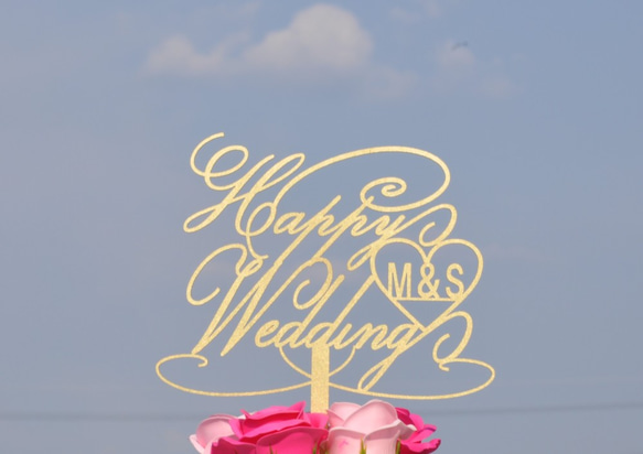 カスタム ”HappyWedding” ハート　 ケーキトッパー「結婚おめでとう!!」 3枚目の画像