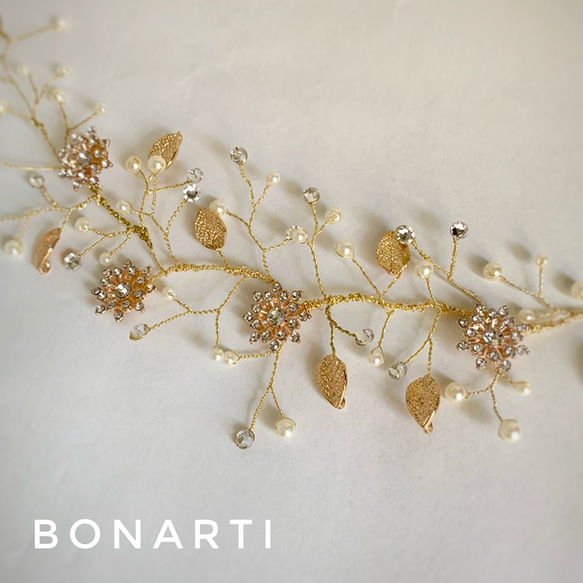 お花ビジューがかわいい 人気のゴールド小枝ヘッドドレス 5枚目の画像