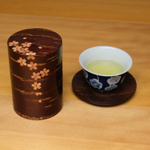 桜皮を使った秋田の伝統工芸品「樺細工」 総皮茶筒（大）桜吹雪 保存