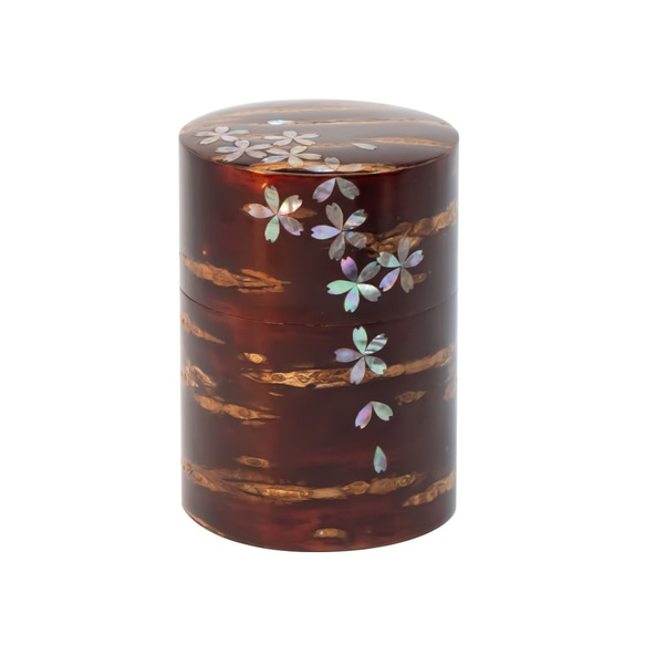 桜皮を使った秋田の伝統工芸品「樺細工」　総皮茶筒（大）ラデン　桜吹雪 1枚目の画像