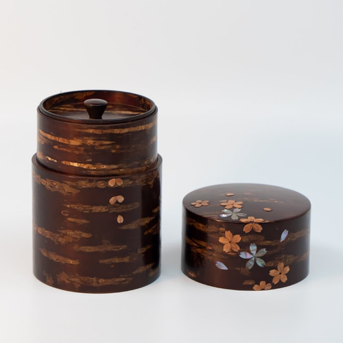 未使用 桜皮細工 樺細工 茶櫃（名前入り）茶筒 16角 レア 昭和