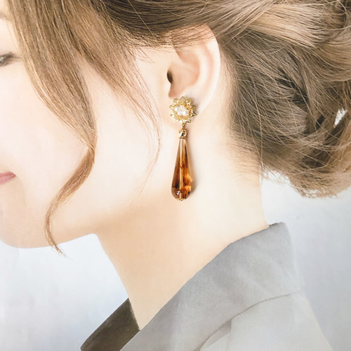 2way 金花のべっ甲色の雫ピアス or イヤリング ドイツ製 2way 金花のべっ甲色の雫ピアス or イヤリング ドイツ製