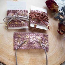 紐の色を選べる♪インド刺繡リボンのポニーフック　紫　パープル　ラップリボン　紐 3枚目の画像
