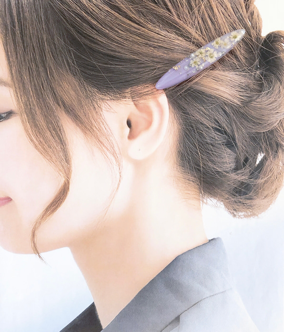 【SALE】白のかすみ草 紫ボタニカルヘアクリップ　バイオレット ドライフラワー 6枚目の画像