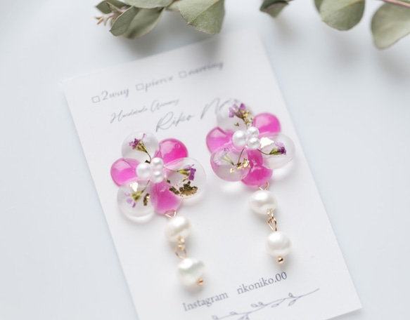 2way  pink flower アリッサムと淡水パールのお花ピアス or イヤリング　天然真珠 1枚目の画像