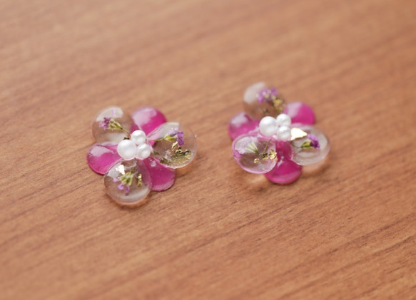2way  pink flower アリッサムと淡水パールのお花ピアス or イヤリング　天然真珠 5枚目の画像