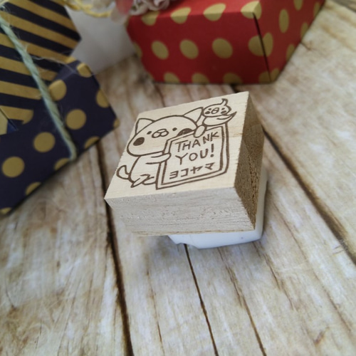 消しゴムはんこ♪Thank you!看板を持つねこととり♪お名前お入れ