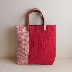 裂き織りバッグ 赤×生成り 2枚目の画像
