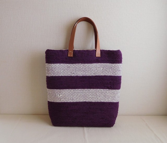 裂き織りバッグ  ボーダー 紫×白 1枚目の画像