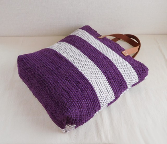 裂き織りバッグ  ボーダー 紫×白 3枚目の画像