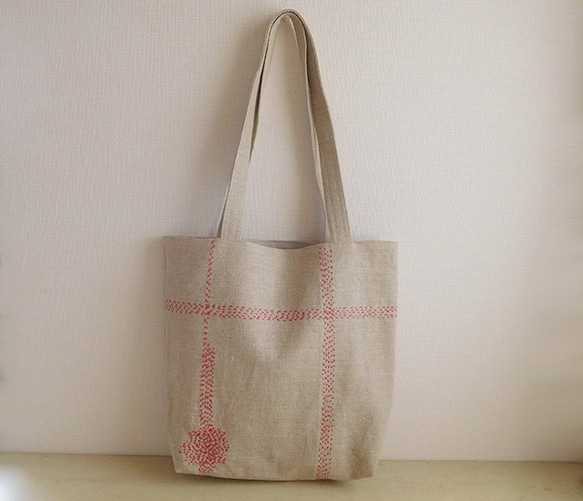 リネン  ステッチバッグ 赤 1枚目の画像