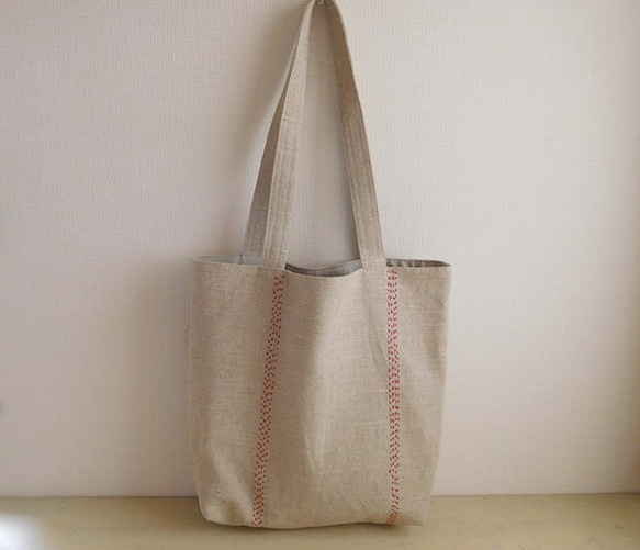 リネン  ステッチバッグ 赤 2枚目の画像