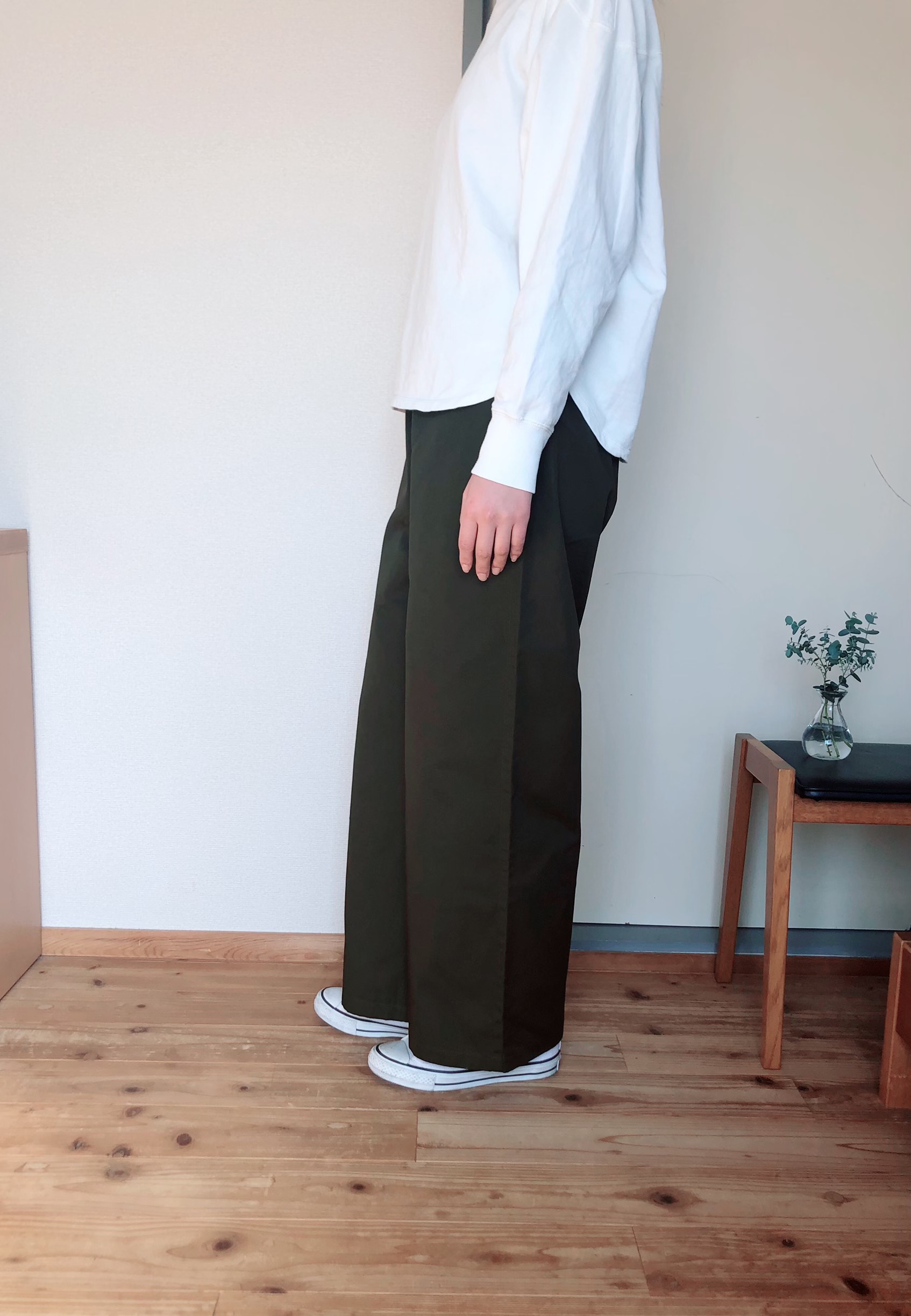 コットンストレートワイドパンツ  カーキ