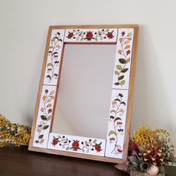 鏡　壁掛　小鳥の鏡　スペインタイル　木製　天然木無垢　ナラ 1枚目の画像