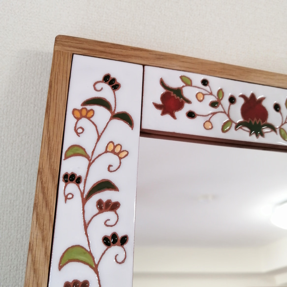 鏡　壁掛　小鳥の鏡　スペインタイル　木製　天然木無垢　ナラ 3枚目の画像