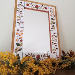 鏡　壁掛　小鳥の鏡　スペインタイル　木製　天然木無垢　ナラ 7枚目の画像