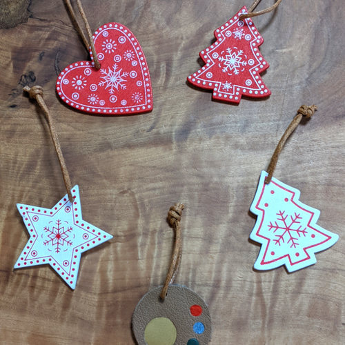 クリスマス オーナメント ガーランド 本革 木製 5個セット②