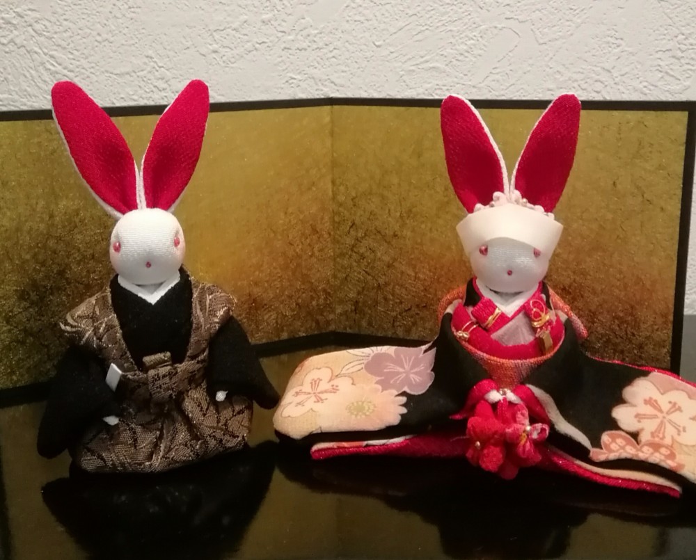 ハンドメイドウェルカムドール ちりめんうさぎの新郎新郎 着物地