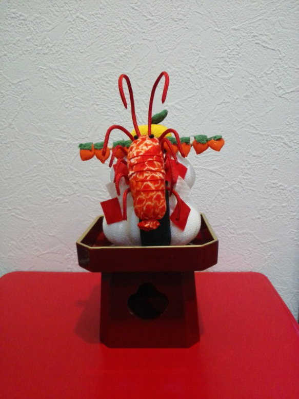 お正月 鏡餅 串柿・伊勢海老付き (ちりめん細工) その他置物 和布細工