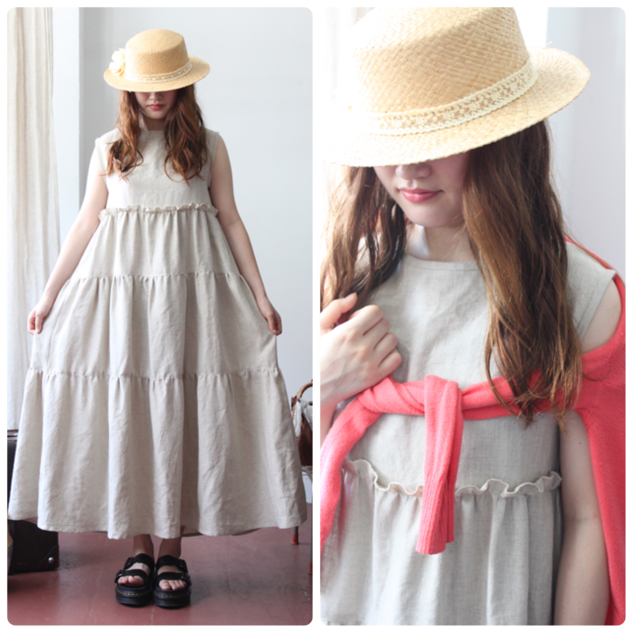 リネンベージュ＊ノースリーブティアードワンピース ふんわり