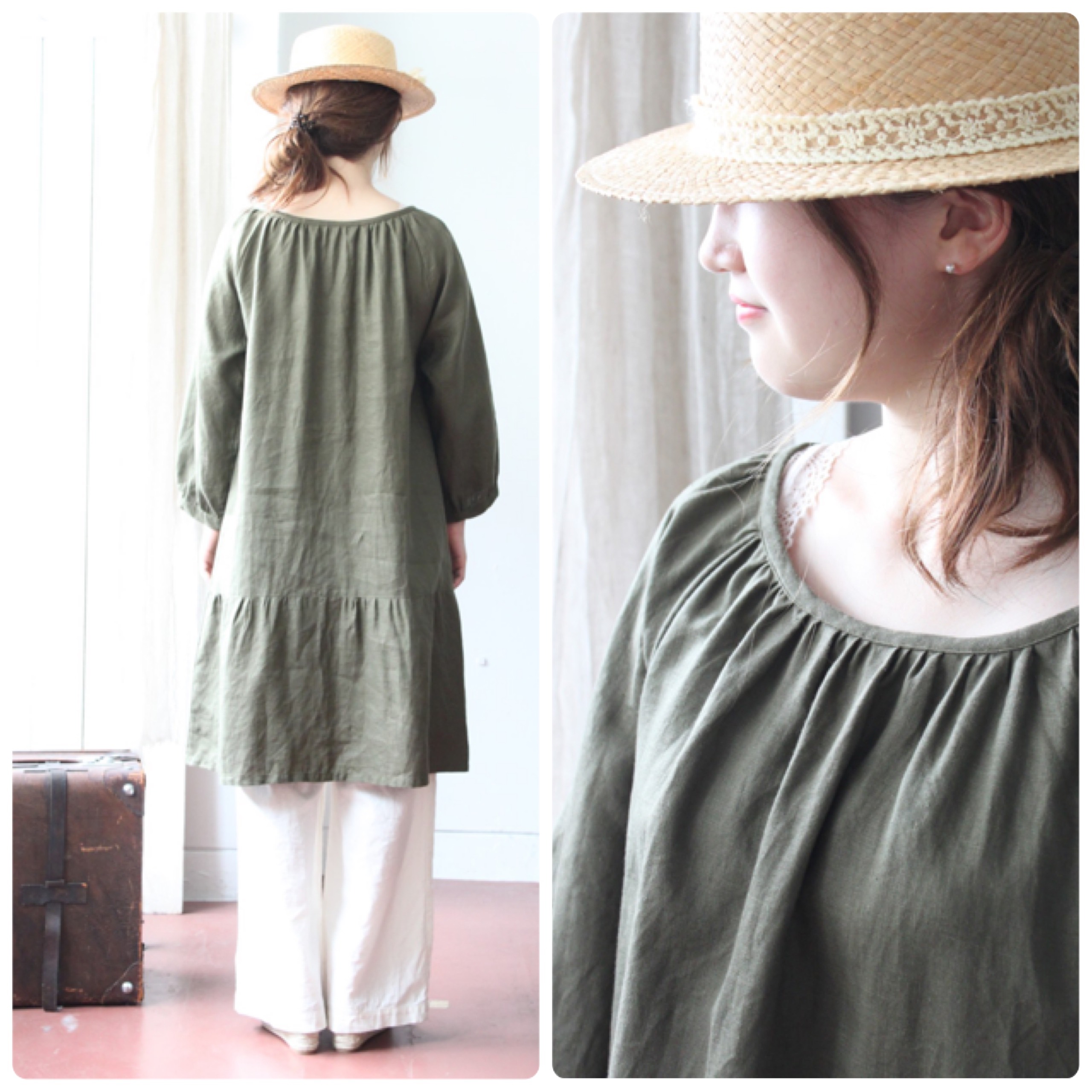 ♡sale♡切替スモックワンピース【オリーブグリーンリネン】S-Mカーキゆったり楽ちん