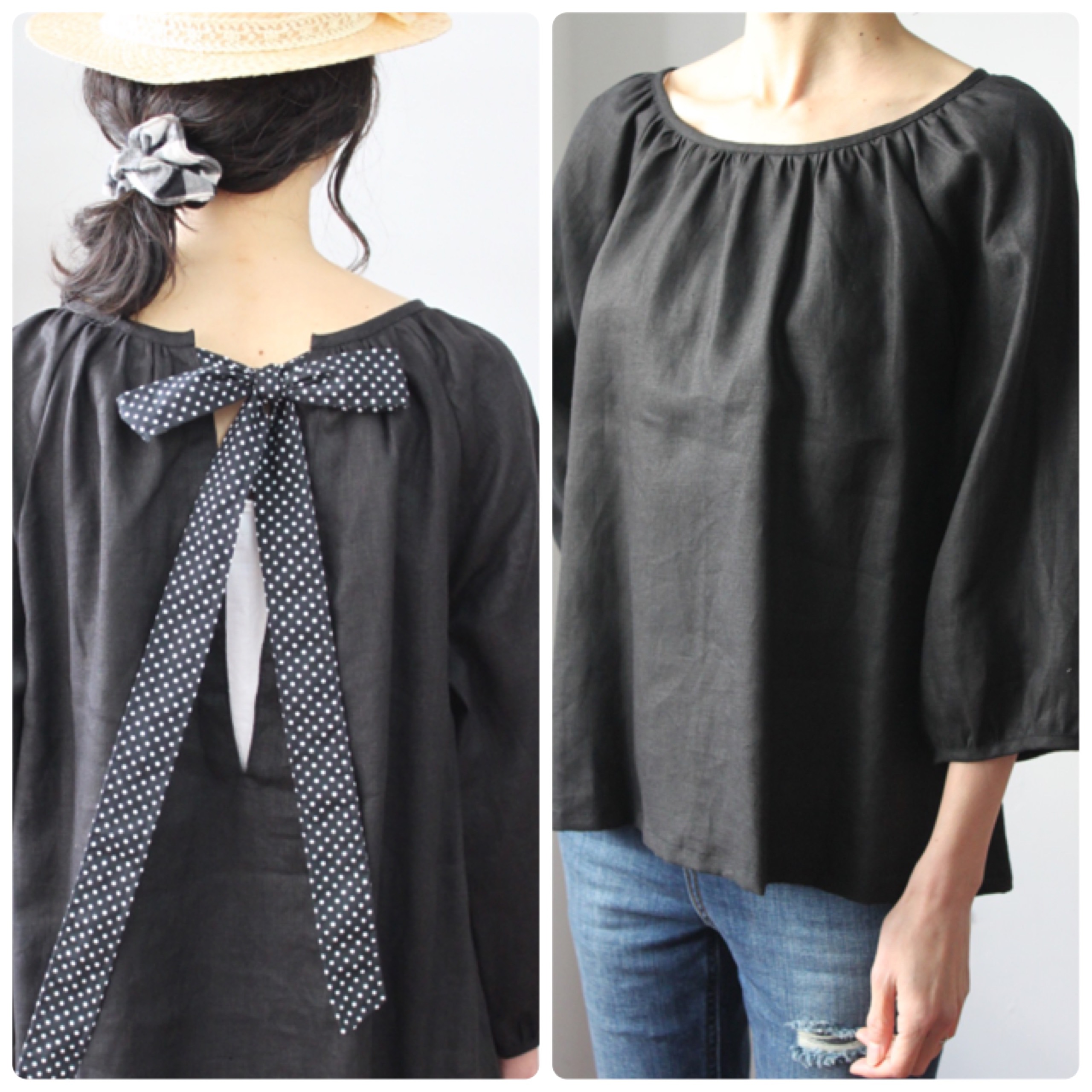 Creema限定SALE】黒リネンバックリボンブラウスM-LL、3L-5L、6L