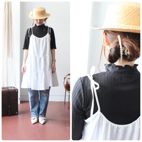 This_tokyo リネン100% キャミワンピース フリーサイズ 透け感のあるホワイトリネン＊ティアードキャミワンピース