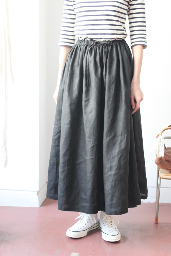 ♡sale♡リネンギャザーロングスカート【黒】3L-5L 4枚目の画像