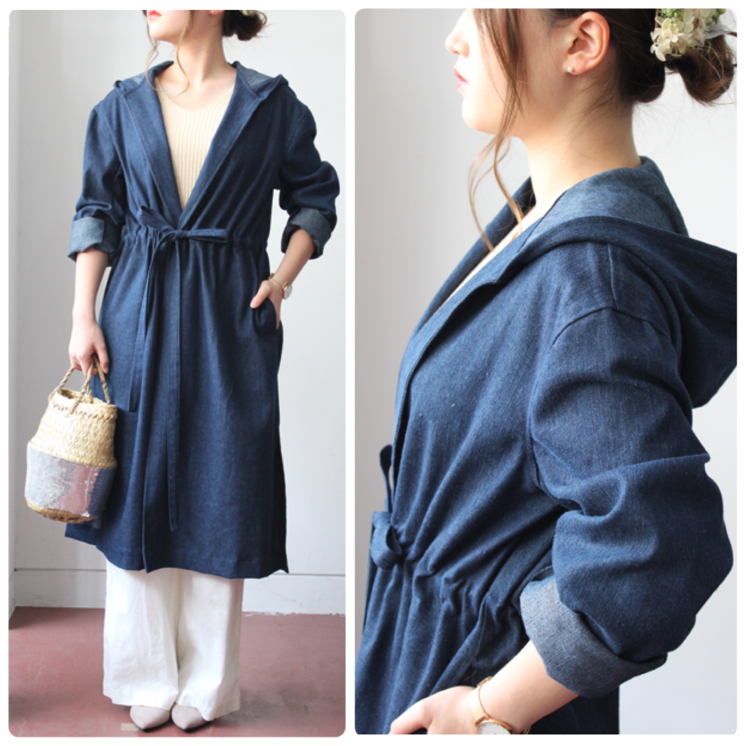 【Creema限定SALE】春コートフード付きリネンデニム＊ベルト付き『フリーサイズ』ドロップショルダーロングM~LL