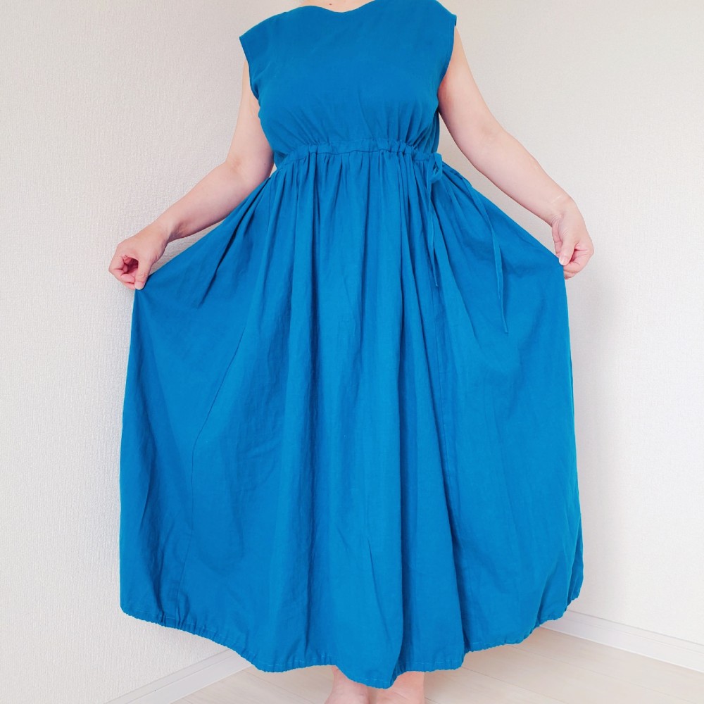 Vネックバルーンワンピース＊ハーフリネン＊ギャザーワンピース＊Lサイズ11号