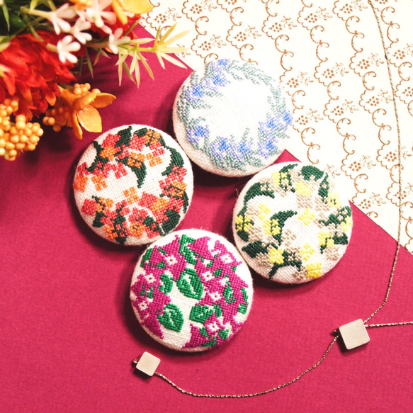 キンモクセイ/ギンモクセイ 金木犀/銀木犀 刺繍くるみボタンブローチ/ヘアゴム plantsplanet 6枚目の画像