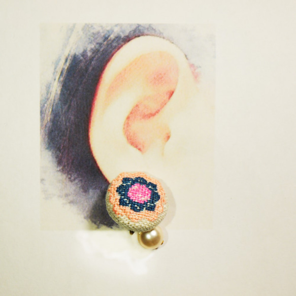 斯堪的納維亞花朵刺繡胡桃木紐扣耳環 18/圈 第3張的照片