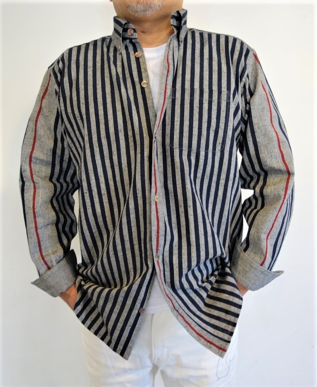 ファッと軽い着心地・オトナのメンズシャツ｜25000円のオーダーメイド｜遠州綿紬｜灰色に紺縞ちょこっと赤の楽しいシャツ 18,000円