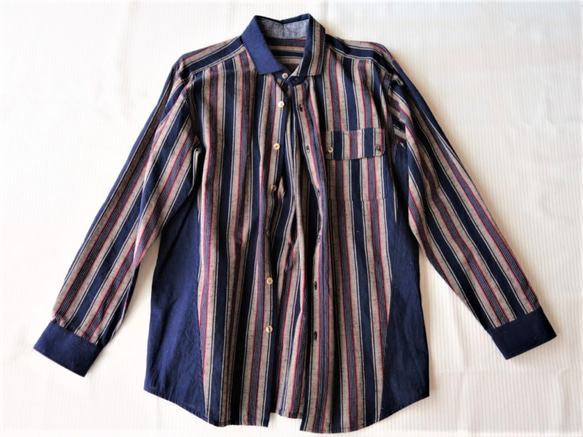 世界に一つだけのシャツ｜Мサイズ｜ファッと軽い着心地・オトナのメンズシャツ｜サイズ調整OK｜遠州織物一点モノ― 遠州綿紬