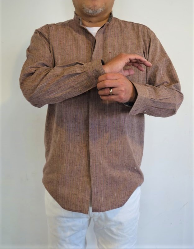 べージュに隠れ七色が魅力のオトナの＼比翼仕立て／のメンズシャツ｜28000円のオーダ―メイド｜遠州綿紬｜彩シャツー