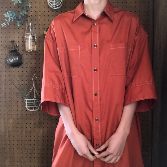 さらっと着られるシャツワンピース(七分丈) ‐ テラコッタ/オレンジ/綿ポリ/FREESIZE 5枚目の画像