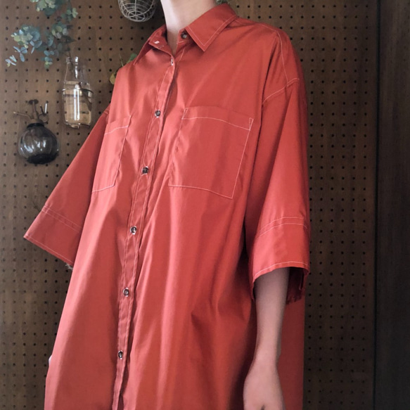 さらっと着られるシャツワンピース(七分丈) ‐ テラコッタ/オレンジ/綿ポリ/FREESIZE 6枚目の画像