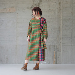 [新冬季]條紋＆格紋對接連衣裙（20w-013）綠色 第3張的照片