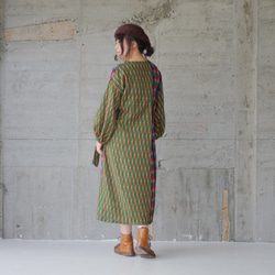 [新冬季]條紋＆格紋對接連衣裙（20w-013）綠色 第5張的照片
