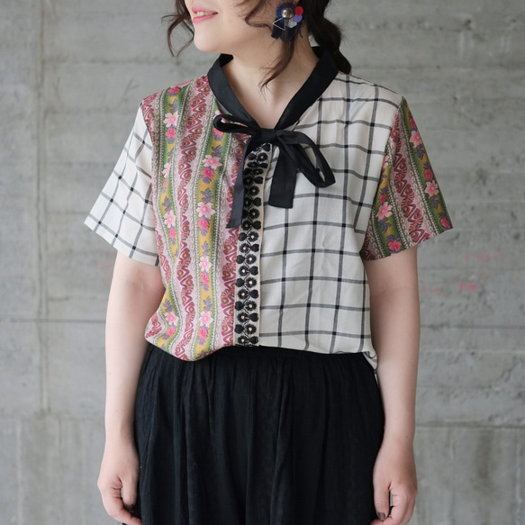 再入荷】パッチワーク半袖ボウタイブラウス（21s-16）チェック