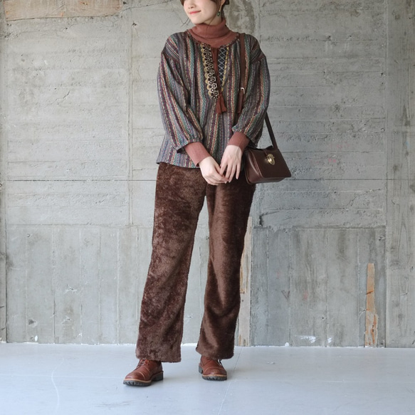 環保抓絨喇叭褲（21w-19）深棕色 第4張的照片