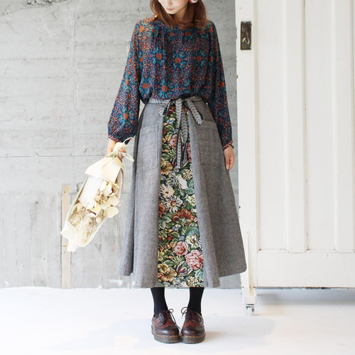 ウエストリボン ゴブランスカート（19w-009）グレー フレアスカート