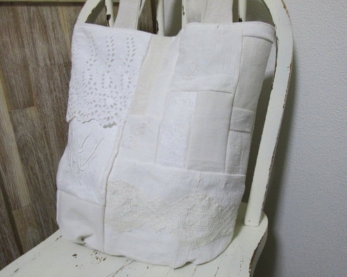 フランス*アンティーク*手刺繍*エクリュリネン*トートバッグ