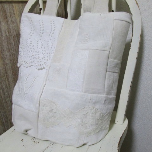 アンティーク*手刺繍*モノグラム*リネン*トートバッグ*M | iichi