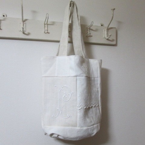 アンティーク*手刺繍*モノグラム*リネン*トートバッグ*M | iichi