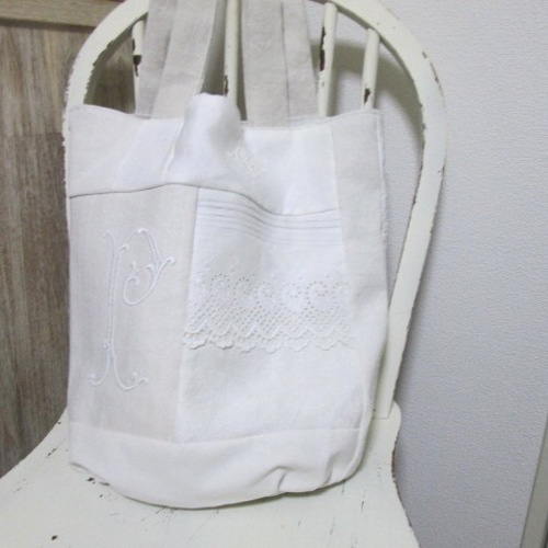 アンティーク*手刺繍*モノグラム*リネン*トートバッグ*M | iichi