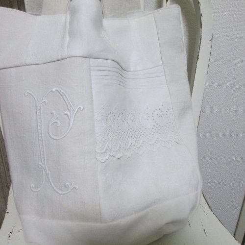 アンティーク*手刺繍*モノグラム*リネン*トートバッグ*M | iichi
